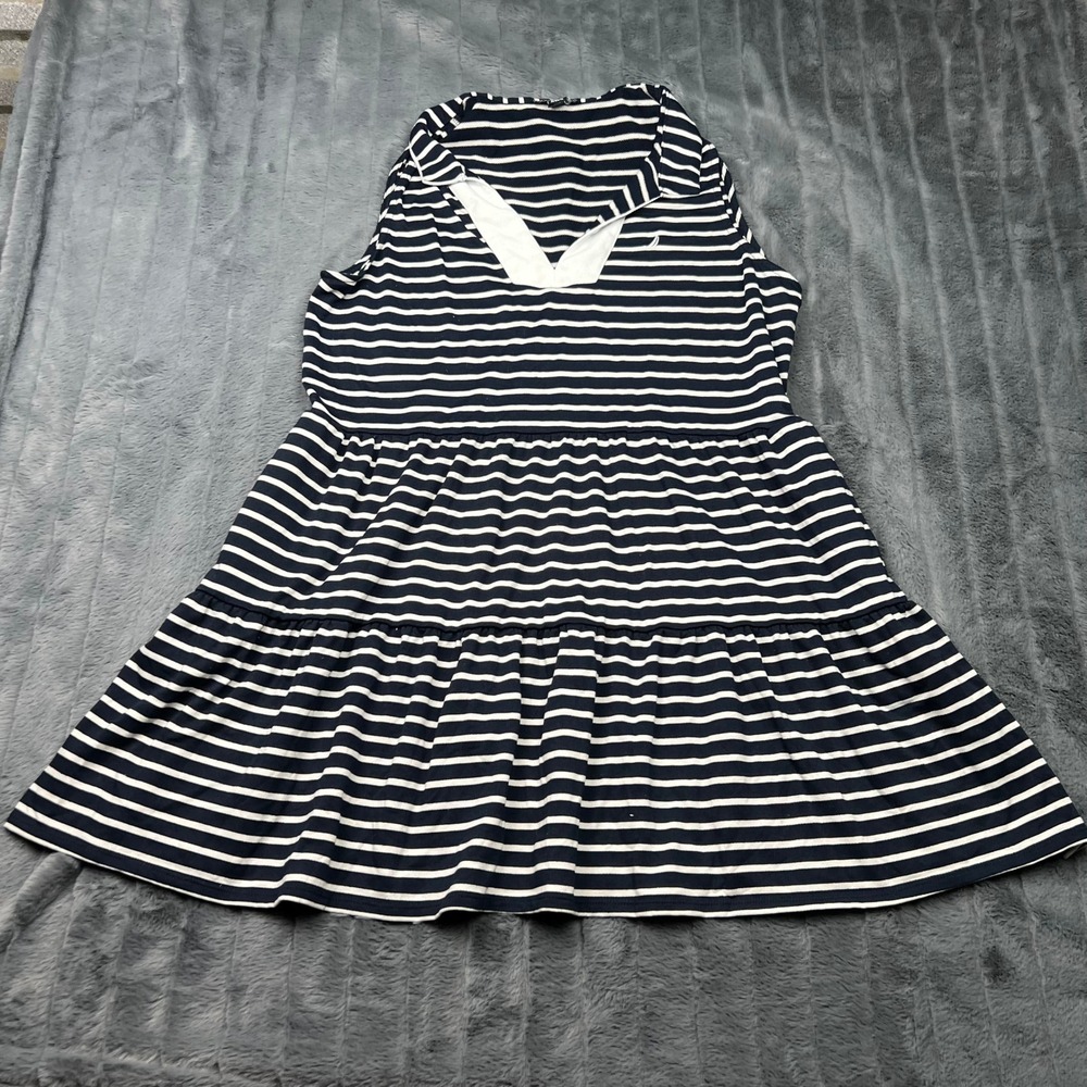 Nautica Jeans Womens XL Navy Blue White Striped Tiered Sleeveless Mini Dress